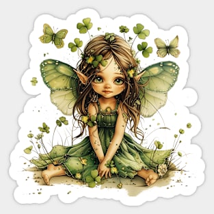 Cute Saint Patrick's Day Fairy seated in four leaf clovers butterflies shamrocks happy St. Patricks Day Sticker